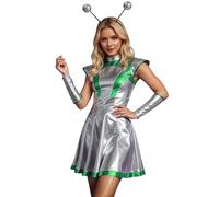 Space Kostüm Familie Set Damen Mädchen Alien Kostüm Metallic Silber glänzend Partykleid Minikleid Karneval Fasching Rave Weltall Space Girl Outfit als Clubwear für Disco & Nachtclub Tanzkostüm