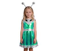 Space Kostüm Familie Set Damen Mädchen Alien Kostüm Metallic Silber glänzend Partykleid Minikleid Karneval Fasching Rave Weltall Space Girl Outfit als Clubwear für Disco & Nachtclub Tanzkostüm