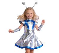 Space Kostüm Familie Set Damen Mädchen Alien Kostüm Metallic Silber glänzend Partykleid Minikleid Karneval Fasching Rave Weltall Space Girl Outfit als Clubwear für Disco & Nachtclub Tanzkostüm