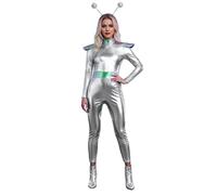 Space Kostüm Familie Set Damen Mädchen Alien Kostüm Metallic Silber glänzend Partykleid Minikleid Karneval Fasching Rave Weltall Space Girl Outfit als Clubwear für Disco & Nachtclub Tanzkostüm