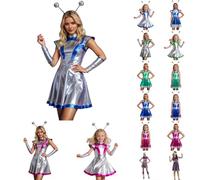 Space Kostüm Familie Set Damen Mädchen Alien Kostüm Metallic Silber glänzend Partykleid Minikleid Karneval Fasching Rave Weltall Space Girl Outfit als Clubwear für Disco & Nachtclub Tanzkostüm