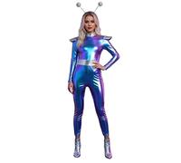 Space Kostüm Familie Set Damen Mädchen Alien Kostüm Metallic Silber glänzend Partykleid Minikleid Karneval Fasching Rave Weltall Space Girl Outfit als Clubwear für Disco & Nachtclub Tanzkostüm