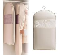 Space Saving Hanging Garment Bag with Self Compression Zipper, Space Saver Hanging Garment Bags for Closet Storage, Down Coat Dust Cover for Travel with Rack (Beige,L: 110cm/43.3in)