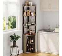 Space-Saving Industrial Corner Bar Cabinet - 5-Tier Wine Rack with Glass Holder, Adjustable Shelves, Mesh Door - Freestanding Liquor Storage Sideboard for Dining Room, Kitchen, Home Bar -Grey Grain