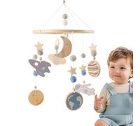Space-Themed Crib Mobile, 360° Rotating Wooden Wind Chime, 9.8x15.7 pulgadas Nursery Decor, Eco Friendly Felt Natural Wood Gear, Navy Grey Palette, Tool for Sleep Visual Tracking