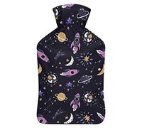 Space with Planets, Stars, Rockets, Moon Rubber Water Bottle with Soft Plush Cover Injection Hot Water Bag for Winter Hand Feet Cold Protection 1000 ML