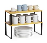 SpaceAid Organizador de estante de gabinete, 2 unidades, estante elevador de estantes de cocina, estante apilable expandible para especias, organizador de almacenamiento de armario de despensa (bambú