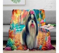 SPACESK Shih Tzu at Beach Manta De Tiro Impresa 3D Microfibra Suave Acogedora Y Cálida para Niños Adultos Felpa Cama Sofá 50x60inch(127x152cm)