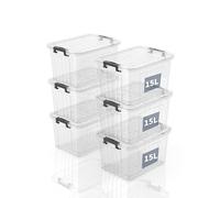 SpaceXpert Cajas de Almacenamiento de Plástico con Tapa, Diseño Rayado 15L, Contenedor Apilable Resistente para Hogar, Oficina y Garaje, Transparente de PP, Organizador Versátil, 15L (Paquete de 6)