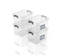 SpaceXpert Cajas de Almacenamiento de Plástico con Tapa, Diseño Rayado 15L, Contenedor Apilable Resistente para Hogar, Oficina y Garaje, Transparente de PP, Organizador Versátil, 15L (Paquete de 4)