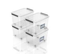 SpaceXpert Cajas de Almacenamiento de Plástico con Tapa y Ruedas, Diseño Rayado 35L, Contenedor Apilable Resistente para Hogar y Oficina, Transparente de PP, Organizador Versátil, 35L (Paquete de 4)