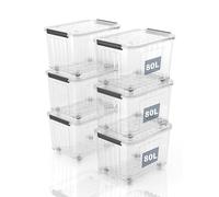 SpaceXpert Cajas de Almacenamiento de Plástico con Tapa y Ruedas, Diseño Rayado 80L, Contenedor Apilable Resistente para Hogar y Oficina, Transparente de PP, Organizador Versátil, 80L (Paquete de 6)