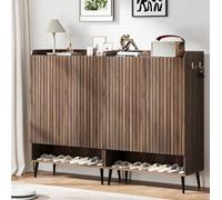 Spacious 6-Tier Shoe Cabinet Set - Double Doors, Adjustable Shelves, Hooks - Freestanding Wooden Entryway Organizer - Modern Hallway Storage - Dark Walnut Finish, Set of 2, Overall Dark Walnut Color