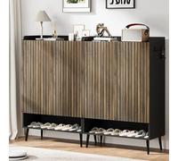 Spacious 6-Tier Shoe Cabinet Set - Double Doors, Adjustable Shelves, Hooks - Freestanding Wooden Entryway Organizer - Modern Hallway Storage - Black Cabinet with Dark Walnut Doors, Set of 2
