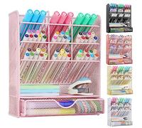 Spacrea Organizador de escritorio para bolígrafos, organizadores de escritorio y accesorios, soporte para lápices con 10 compartimentos y 1 cajón (rosa)