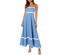 Spaghetti Strap Dresses for Women 2024 Summer Beach Color Block Smocked Tiered Skirt Maxi Dresses (M,Lake Blue-09)