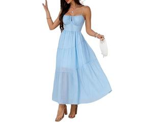 Spaghetti Strap Low Cut Bustier Off The Shoulder Dress, Sleeveless Corset Fit Midi Dress, Boho Summer Beach Elegant Sexy A-Line Layered Ruffled Hem Flowy Dresses (Blue,M)