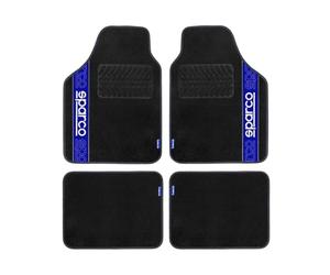 Sparco Set de 4 Alfombrillas universales Negras y Azules de, 2 en la Parte Delantera con Logotipo y 2 en la Parte Trasera para Coches