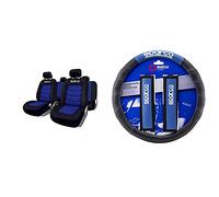 Sparco Spc1019Az S-Line Fundas, Azul + Spc1111Kaz Almohadillas Y Funda De Volante, Negro/Azul
