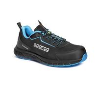 Sparco - Traction - Zapatos de seguridad para hombre y mujer - Zapatos de trabajo antideslizantes y resistentes - Calzado de seguridad de estilo deportivo, Negro Celeste, 42 EU