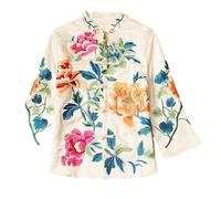 Sparctwer Chaqueta de estilo chino para mujer - Blusa bordada Estilo étnico Blusa china con bordado retro Chaqueta de mujer Abrigo de hombro recto Ropa oriental,cremoso,blanco,XXL