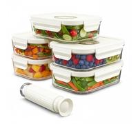 Spares2go Recipientes de vidrio para almacenamiento de alimentos al vacío con tapas de clips de seguridad (paquete de 5, medianos, 1040 ml) + bomba de sellado manual