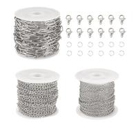 Sparkeads 3 rollos de cadenas de clip de acero inoxidable de 5 m, cadena de eslabones ovalados de metal, cadenas trenzadas con anillos de salto, cierres de garra para hacer pulseras, collares, joyas