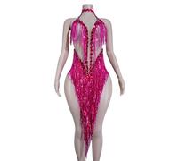 Sparkle Rhinestone Tassels Latin Dress Women Mesh Team Outfit Nightclub Cabaret Performer Costume Sequined Party Stage Wear (Multi)