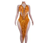 Sparkle Rhinestone Tassels Latin Dress Women Mesh Team Outfit Nightclub Cabaret Performer Costume Sequined Party Stage Wear (Orange)