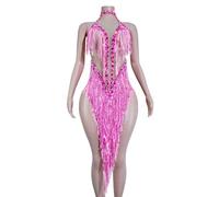Sparkle Rhinestone Tassels Latin Dress Women Mesh Team Outfit Nightclub Cabaret Performer Costume Sequined Party Stage Wear (Pink)