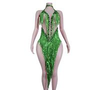 Sparkle Rhinestone Tassels Latin Dress Women Mesh Team Outfit Nightclub Cabaret Performer Costume Sequined Party Stage Wear (Green)