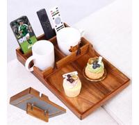 SparkleJoy Couchbar - Bandeja de madera para sofá, 2 soportes para bebidas, antideslizante, plegable, para cojines intermedios y reposabrazos, caja de aperitivos, mando a distancia, para sofás sin