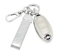 SparkleJoy Funda Llave de Coche con Llavero de Cuero , Carcasa Llave Compatible con Nissan Qashqai J11 J12 Juke F15 X Trail T32 Micra K13 K14 Infiniti Q50 QX60 EX35，Cubierta Llaves de Coche (Plata)