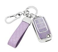 SparkleJoy Funda Llave de Coche con Llavero de Cuero, Carcasa Llave Compatible con VW Polo, Skoda, Fabia, Golf 4/5/6, T5, Multivan，Cubierta Llaves de Coche - Flip Key (Morado)