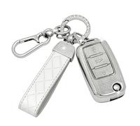 SparkleJoy Funda Llave de Coche con Llavero de Cuero, Carcasa Llave Compatible con VW Polo, Skoda, Fabia, Golf 4/5/6, T5, Multivan，Cubierta Llaves de Coche - Flip Key (Plata)