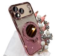 Sparkling Diamond Women's Phone Case with Mirror & Stand for iPhone 17/16/15/14/13 Pro MAX, Shimmer Diamond Magnetic Shockproof Phone Case with Lens Protector (Pink,13 Pro)