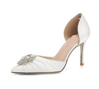 Sparkling Rhinestone Embellished Pumps Women Fashion Pointed Toe Thin Heel Designer Shoes Cozy Satin White Wedding Bridal(Color 3,38)