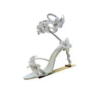 Sparkling Rhinestone Flower Thin High Heel Sandals Women's Gladiator Ankle Straps Fairy Sandalias Summer Banquet Dress Shoes(Red,40)