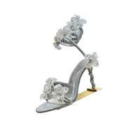 Sparkling Rhinestone Flower Thin High Heel Sandals Women's Gladiator Ankle Straps Fairy Sandalias Summer Banquet Dress Shoes(White,40)
