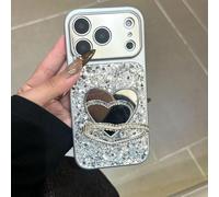 Sparkling Sequins Women's Phone Case with Heart Mirror & Stand for iPhone 17/16/15/14 Pro MAX, Electroplated Shimmer Diamond Heart Makeup Mirror Phone Case (Silver,15 Plus)