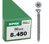 SPAX T-STAR Plus 1201010804505 - Tornillo para madera, 8,0 x 450 mm, 50 unidades, cabeza avellanada con nervaduras fresadoras, rosca completa, punta CUT, WIROX A3J