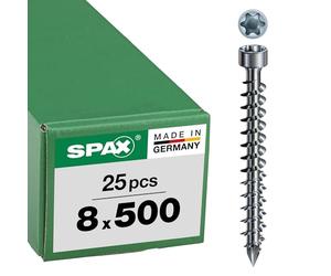 SPAX Tornillo de cabeza cilíndrica para madera, 8,0 x 500 VG Torx 40, plata Wirox, con clasificación, contenido: 25 unidades