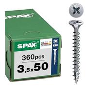 SPAX Tornillo Universal 3,5 x 50 mm, 360 pzas., Cabeza Avellanada Z2, WIROX | Tornillos para madera con rosca completa, punta 4CUT y recubrimiento anticorrosión para interiores o exterior protegido