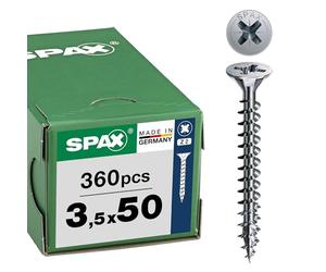 SPAX Tornillo Universal 3,5 x 50 mm, 360 pzas., Cabeza Avellanada Z2, WIROX | Tornillos para madera con rosca completa, punta 4CUT y recubrimiento anticorrosión para interiores o exterior protegido