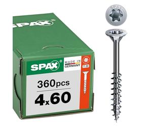 SPAX Tornillo Universal 4 x 60 mm, 360 pzas., T20, Rosca Parcial, WIROX | Tornillo para madera con punta 4CUT y cabeza MULTI para un avellanado a ras sin taladrado previo en interiores