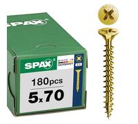 SPAX Tornillo universal 5 x 70 mm, 180 unidades - Tornillos para madera con rosca completa, cabeza avellanada, ranura en cruz Z2, 4CUT, recubrimiento YELLOX - 8000000288159