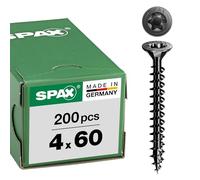 Spax Tornillo universal, cabeza avellanada, negro, T-STAR Plus, rosca completa (4 x 60 mm, 200 unidades)
