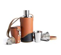 SPDYCESS Petaca de Cuero PU 500ml Petaca de Acero Inoxidable con Embudo y Tazas Portátil Botella de Licor para Hombres Regalos de Senderismo Camping Esquí