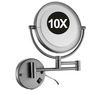 Specchio da Trucco da Parete con Ingrandimento 1X/10X 8 Pollici Doppio Lato con Illuminazione LED Girevole 360° Estensibile per Bagno Grigio Canna Di Fucile Cablato