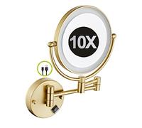 Specchio da Trucco da Parete Illuminato A Doppia Faccia da 8 Pollici con Led Ricaricabile Tramite USB Girevole 360° E Ingrandimento HD 1X/10X per Il Bagno Oro Spazzolato